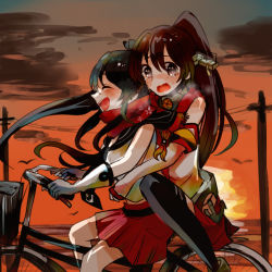 Rule 34 | 10s, 2girls, bicycle, black hair, black legwear, blush, breasts, brown hair, closed eyes, cruiser bicycle, detached sleeves, flower, gloves, hair ornament, heavy breathing, itomugi-kun, kantai collection, long hair, medium breasts, midriff, multiple girls, multiple riders, open mouth, personification, ponytail, power lines, scared, scarf, short hair, skirt, smile, sunset, tears, thighhighs, very long hair, white gloves, yahagi (kancolle), yamato (kancolle)