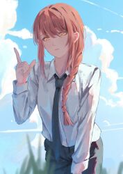 Rule 34 | 1girl, black necktie, black pants, blue sky, braid, braided ponytail, chainsaw man, cloud, collared shirt, day, highres, komura hiroto, long hair, looking at viewer, makima (chainsaw man), necktie, pants, pink hair, pointing, pointing up, shirt, sky, solo, white shirt, yellow eyes