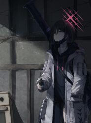 Rule 34 | 1girl, absurdres, bandaged neck, bandages, black hair, black hoodie, black mask, black pants, blue archive, closed mouth, earrings, fim-92 stinger, gun, halo, highres, holding walkie-talkie, hood, hooded jacket, hoodie, jacket, jewelry, kyatto-mikazu, man-portable air-defense system, mask, misaki (blue archive), missile launcher, mouth mask, pants, red eyes, rocket launcher, short hair, solo, stud earrings, surgical mask, torn clothes, torn pants, walkie-talkie, weapon, white jacket