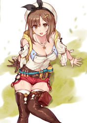 Rule 34 | 1girl, atelier (series), atelier ryza, atelier ryza 1, belt, beret, boots, breasts, brown belt, brown eyes, brown footwear, brown hair, cleavage, cokio, collarbone, commentary request, flask, gloves, hair ornament, hairclip, hat, highres, hood, hood down, hooded jacket, jacket, jewelry, large breasts, leather, leather belt, leather boots, looking at viewer, necklace, open mouth, pouch, red shorts, reisalin stout, round-bottom flask, shirt, short shorts, shorts, single glove, sitting, sleeveless, sleeveless jacket, solo, star (symbol), star necklace, thigh boots, thigh gap, thigh pouch, thighhighs, thighhighs under boots, thighs, white hat, white shirt, white thighhighs, wristband, yellow jacket