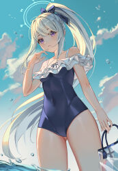 Rule 34 | 1girl, absurdres, al guang, arm at side, bag, bare shoulders, blue archive, blue one-piece swimsuit, blue sky, blush, cloud, cloudy sky, collarbone, commentary, covered navel, cowboy shot, dutch angle, frilled one-piece swimsuit, frills, from below, gluteal fold, hair between eyes, hand to own mouth, high ponytail, highres, holding, holding bag, legs apart, long hair, looking at viewer, miyako (blue archive), miyako (swimsuit) (blue archive), off-shoulder one-piece swimsuit, off shoulder, one-piece swimsuit, parted lips, purple eyes, raised eyebrows, sidelocks, sky, smile, solo, swimsuit, teeth, thick thighs, thigh focus, thighs, transparent bag, very long hair, wading, water, water drop, white hair