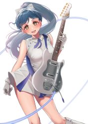 Rule 34 | 1girl, :d, absurdres, black hair, blue hair, bow, breasts, brown eyes, commentary, contrapposto, dark blue hair, dress, electric guitar, english commentary, gloves, guitar, hair bow, hazuki ren, head tilt, highres, holding, holding instrument, instrument, long hair, looking at viewer, love live!, love live! superstar!!, medium breasts, mixed-language commentary, music, open mouth, playing instrument, plectrum, ponytail, short dress, simple background, sleeveless, sleeveless dress, smile, solo, tareme, ushio ochinashi, whammy bar, white background, white bow, white dress, white gloves, wing collar, wish song