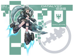 Rule 34 | 1girl, blue fire, catalyst (eve online), destroyer, destroyer (eve online), eve online, fire, gallente federation (eve online), green eyes, green hair, highres, huanxiaogu, matching hair/eyes, mecha musume, military, military vehicle, personification, ship, solo, spacecraft, thrusters, warship, watercraft, weapon