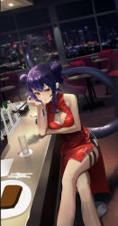 Rule 34 | 1girl, 1s44c, absurdres, arknights, arm under breasts, bar (place), black shorts, blue hair, blush, breasts, ch&#039;en (ageless afterglow) (arknights), ch&#039;en (arknights), china dress, chinese clothes, cityscape, cleavage, cleavage cutout, clothing cutout, commentary, crossed legs, cup, double bun, dragon girl, dragon horns, dragon tail, dress, english commentary, feet out of frame, hair bun, highres, holding, holding smoking pipe, horns, indoors, looking at viewer, medium breasts, medium hair, official alternate costume, parted lips, pelvic curtain, plate, red dress, red eyes, restaurant, short shorts, shorts, shorts under dress, side slit, sidelocks, sitting, sleeveless, sleeveless dress, smile, smoking pipe, solo, table, tail, thigh strap, unfinished