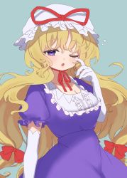 Rule 34 | 1girl, blonde hair, blue background, blush, bow, dress, e sdss, elbow gloves, frills, gloves, hair between eyes, hair bow, hand up, hat, hat bow, highres, long hair, looking at viewer, mob cap, one eye closed, open mouth, puffy short sleeves, puffy sleeves, purple dress, purple eyes, red bow, shirt, short sleeves, simple background, solo, standing, touhou, white gloves, white hat, white shirt, yakumo yukari
