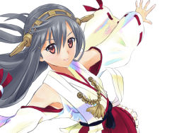 Rule 34 | 1girl, black hair, brown eyes, cowboy shot, detached sleeves, frilled skirt, frills, hair ornament, hairband, hairclip, haruna (kancolle), japanese clothes, kantai collection, kujira naoto, long hair, outstretched arms, pleated skirt, red skirt, ribbon-trimmed sleeves, ribbon trim, simple background, skirt, smile, solo, white background