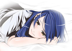 Rule 34 | 1girl, absurdres, bed sheet, blue hair, blush, closed mouth, commentary request, hair between eyes, highres, long hair, looking at viewer, love live!, love live! school idol project, lying, on side, smile, solo, sonoda umi, vice (kuronekohadokoheiku), yellow eyes