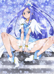 Rule 34 | 1girl, angry, asymmetrical clothes, blue bow, blue eyes, blue hair, blue skirt, blue theme, boots, bow, bracelet, brooch, choker, cure diamond, diamond (shape), dokidoki! precure, eyelashes, flower, hair ornament, heart, heart brooch, high heels, hishikawa rikka, jewelry, long hair, looking at viewer, magical girl, matching hair/eyes, miniskirt, nakahira guy, ponytail, precure, ribbon, scowl, serious, sitting, sitting on stairs, skirt, snow, solo, spread legs, stairs, very long hair