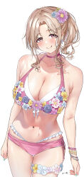 Rule 34 | 1girl, absurdres, alternate costume, bikini, blush, bracelet, breasts, choker, cleavage, flower, flower ornament, flower thigh strap, hair flower, hair ornament, highres, ichikawa hinana, idolmaster, idolmaster shiny colors, jewelry, large breasts, light brown hair, looking at viewer, navel, parted bangs, pink bikini, pink choker, side ponytail, smile, solo, stomach, sweat, swimsuit, tongue, tongue out, tonguewasabi, wavy hair