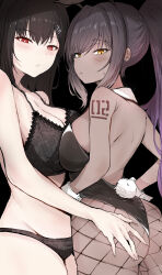 2girls absurdres alternate_costume ass black_background black_bra black_panties blue_archive blunt_bangs blush bra breasts cleavage closed_mouth cowboy_shot dark-skinned_female dark_skin fingernails grabbing_another&#039;s_ass groping highres karin_(blue_archive) karin_(bunny)_(blue_archive) large_breasts leotard long_hair looking_at_viewer multiple_girls official_alternate_costume panties playboy_bunny rabbit_tail red_eyes rio_(blue_archive) sak1_01 sideboob sidelocks simple_background sweatdrop tail underwear yellow_eyes