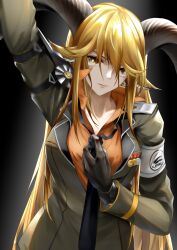 Rule 34 | 1girl, animal ear fluff, animal ears, arknights, arm strap, arm up, armband, armor, black background, black gloves, black necktie, blonde hair, breast pocket, breasts, bright pupils, chinese commentary, collarbone, collared shirt, commentary request, degenbrecher (arknights), double-parted bangs, dress shirt, epaulettes, expressionless, eyelashes, gloves, goat ears, goat girl, goat horns, gradient background, green jacket, grey background, hair between eyes, hair flowing over, hand up, high collar, highres, holding necktie, horns, jacket, lapels, leaning, leaning forward, lips, long bangs, long hair, long sleeves, looking at viewer, medal, medium breasts, military, military jacket, military uniform, necktie, notched lapels, orange shirt, parted lips, pauldrons, pocket, print armband, shadow, shirt, shoulder armor, shoulder pads, sidelocks, simple background, single epaulette, single glove, single pauldron, solo, spotlight, straight-on, unbuttoned, unbuttoned shirt, uniform, untying, upper body, very long hair, white armband, white pupils, wing collar, yellow eyes, z 05
