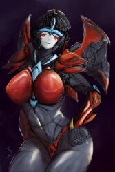 Rule 34 | 1girl, autobot, blue eyes, breasts, commentary, english commentary, hand on own hip, highres, humanoid robot, large breasts, mecha, mechanical wings, panties, red panties, robot, robot girl, solo, spikyart, transformers, underwear, windblade, wings