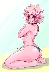 Rule 34 | 10s, 1girl, ashido mina, ass, back, bare arms, bare back, bare shoulders, barefoot, bikini, blush, boku no hero academia, breasts, colored skin, feet, highres, hip focus, kneeling, legs, looking at viewer, looking back, medium breasts, parted lips, pink hair, pink skin, solo, swimsuit, thighs, toes, yellow eyes