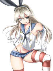 Rule 34 | 10s, 1girl, animal ears, bare shoulders, elbow gloves, fake animal ears, gloves, hisatyu, ishii hisao, kantai collection, navel, panties, panty lift, panty pull, rabbit ears, shimakaze (kancolle), simple background, skirt, solo, string panties, striped clothes, striped thighhighs, thighhighs, thong, underwear, wedgie, white background