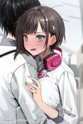 Rule 34 | 1boy, 1girl, @ @, black hair, blue eyes, bow, bowtie, brown hair, chigusa minori, collared shirt, commentary request, futago matomete kanojo ni shinai?, grey shirt, hair ornament, headphones, highres, hug, jacket, nervous, official art, open mouth, pink bow, pink bowtie, protagonist (futago matomete kanojo ni shinai?), school uniform, shirt, short hair, sleeves past elbows, star (symbol), star hair ornament, translated, upper body, usami chikage, wavy mouth, white jacket