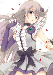 Rule 34 | 10s, 1girl, asymmetrical clothes, bow, brooch, cure moonlight, dress, elbow gloves, flower, gloves, hair flower, hair ornament, heart, heart brooch, heartcatch precure!, jewelry, light purple hair, long hair, magical girl, petals, precure, purple eyes, ribbon, rose, sikuhima, simple background, single elbow glove, single glove, solo, tsukikage yuri, waist bow, white background