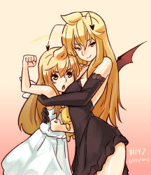Rule 34 | 2013, 2girls, :&lt;, aged up, ahoge, angel, angel wings, antennae, arm around waist, bare shoulders, black dress, blonde hair, blush, breast smother, breasts, brown hair, chestnut mouth, clenched hands, dated, demon wings, dress, dual persona, elbow gloves, face to breasts, flat chest, fujioka-kuma (minami-ke), gloves, gradient background, halo, hug, junkpuyo, long hair, minami-ke, minami chiaki, multiple girls, nightgown, open mouth, pink background, raised fist, seductive smile, side slit, simple background, skirt, smile, stuffed animal, stuffed toy, teddy bear, thighhighs, white dress, wings, yellow eyes