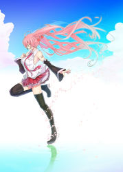 Rule 34 | 1girl, bare shoulders, black footwear, boots, cherry, cloud, day, detached sleeves, closed eyes, floating hair, food, fruit, gradient hair, hatsune miku, headset, highres, kagerou (shadowmage), long hair, multicolored hair, necktie, petals, pink hair, reflection, sakura miku, skirt, sky, solo, thigh boots, thighhighs, twintails, very long hair, vocaloid