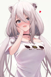 Rule 34 | 1girl, ahoge, animal ears, bare shoulders, clothes writing, grey background, grey eyes, hair between eyes, highres, hololive, lion ears, lion girl, long hair, looking at viewer, low twintails, shirt, shishiro botan, shishiro botan (casual), simple background, solo, suicabar72, t-shirt, twintails, virtual youtuber, white hair, white shirt
