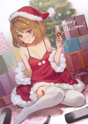 Rule 34 | 1girl, arm at side, artist name, bare shoulders, blue eyes, blush, bobblehat, bottle, box, breasts, carpet, christmas, christmas tree, cleavage, closed mouth, cup, dress, drink, drinking glass, dutch angle, full body, fur-trimmed dress, fur-trimmed sleeves, fur trim, gift, gift box, green eyes, green hair, hat, head tilt, heterochromia, holding, holding cup, holding drinking glass, idolmaster, idolmaster cinderella girls, indoors, lips, long sleeves, looking at viewer, medium breasts, merry christmas, meto31, mole, mole under eye, no shoes, nose blush, off shoulder, on floor, open clothes, pom pom (clothes), red dress, red hat, red ribbon, ribbon, ribbon-trimmed legwear, ribbon trim, santa hat, short hair, sitting, smile, solo, spaghetti strap, takagaki kaede, thighhighs, white thighhighs, zettai ryouiki