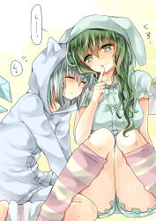 Rule 34 | 2girls, :o, animal hood, blue hair, cat hood, cirno, closed eyes, daiyousei, fairy wings, finger to mouth, green eyes, green hair, hair over breasts, hat, hat with ears, highres, hood, ice, ice wings, kneehighs, knees together feet apart, leaning on person, long hair, mimoto (aszxdfcv), multiple girls, pajamas, rabbit hood, shushing, sleeping, smile, socks, striped clothes, striped legwear, striped socks, touhou, wings