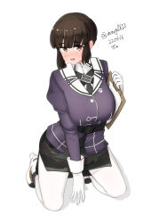 Rule 34 | 1girl, absurdres, belt, black skirt, blush, boots, braid, breasts, brown eyes, clipboard, collared shirt, dated, gloves, highres, jacket, kantai collection, kneeling, large breasts, long hair, long sleeves, looking at viewer, maru (marg0613), military, military uniform, myoukou (kancolle), myoukou kai ni (kancolle), neckerchief, open mouth, pantyhose, purple jacket, shirt, skirt, solo, twitter username, uniform, white gloves, white pantyhose, white shirt