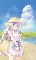 Rule 34 | 1girl, absurdres, beach, blue bow, blue eyes, blue sky, blush, bottle, bow, cleavage cutout, clothing cutout, cloud, collarbone, cowboy shot, day, dress, floating hair, hair ribbon, hat, highres, holding, holding bottle, long hair, looking at viewer, na-ga, naruse shiroha, outdoors, pink ribbon, ribbon, shiny skin, short dress, silver hair, sky, solo, standing, straw hat, summer pockets, sun hat, sundress, very long hair, white dress, yellow hat