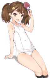 Rule 34 | 10s, 1girl, arm support, bare shoulders, black socks, blush, brown eyes, brown hair, commentary request, covered navel, flat chest, hair ornament, hairclip, highres, kantai collection, kawata hisashi, kneehighs, legs together, long hair, looking at viewer, one-piece swimsuit, open mouth, ryuujou (kancolle), school swimsuit, simple background, sitting, smile, socks, solo, swimsuit, twintails, visor cap, white background, white school swimsuit, white one-piece swimsuit