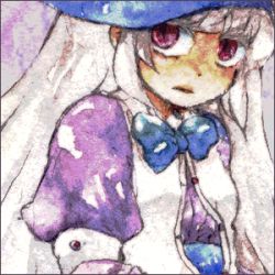 Rule 34 | 1girl, black border, blue bow, blue bowtie, blue hat, blunt bangs, border, bow, bowtie, closed mouth, expressionless, hat, irisu kyouko, irisu shoukougun!, long hair, looking at viewer, lowres, open clothes, open vest, pink eyes, puffy short sleeves, puffy sleeves, shaded face, short sleeves, solo, straight hair, upper body, very long hair, vest, white hair, white vest