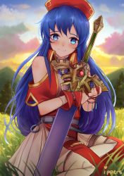 Rule 34 | 1girl, artist name, backlighting, bare shoulders, barefoot, blue eyes, blue hair, blush, closed mouth, clothing cutout, cloud, cloudy sky, day, fire emblem, fire emblem: the binding blade, heart, ippers, lilina (fire emblem), long hair, looking at viewer, meadow, nintendo, hugging object, on grass, on ground, outdoors, pleated skirt, red headwear, short sleeves, shoulder cutout, sitting, skirt, sky, smile, solo, sunlight, very long hair, white skirt, wrist cuffs, yokozuwari
