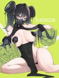 Rule 34 | 1girl, bare legs, bare shoulders, black gloves, black hair, black panties, black skirt, breasts, breasts apart, brown eyes, bun cover, character name, claws, cleft of venus, covered collarbone, feet out of frame, gas mask, girls&#039; frontline, gloves, green background, high-waist skirt, highres, jwthor, large breasts, looking at viewer, mask, panties, pasties, pussy, pussy peek, scarecrow (girls&#039; frontline), simple background, sitting, skirt, solo, twintails, underwear