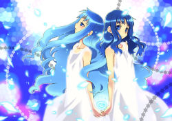 Rule 34 | 10s, 1girl, back-to-back, blue background, blue eyes, blue hair, blue theme, cowboy shot, dress, dual persona, holding hands, heartcatch precure!, henshin, kurumi erika, long hair, looking at viewer, mitsui tomosumi, mosaic background, precure, profile, signature, star (symbol), white dress