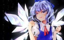Rule 34 | 1girl, bare arms, black background, blue bow, blue eyes, blue hair, bow, cirno, closed mouth, hair bow, ice, ice wings, lips, minorinashi, one eye closed, puffy short sleeves, puffy sleeves, short sleeves, smile, solo, touhou, upper body, wing collar, wings