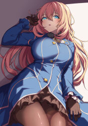 1girl atago_(kancolle) blonde_hair blue_eyes blue_jacket blush breasts brown_gloves brown_pantyhose commentary_request creek_(moon-sky) frills gloves hair_between_eyes hand_up highres jacket kantai_collection large_breasts long_hair looking_at_viewer lying on_back pantyhose parted_lips shirt solo very_long_hair white_shirt