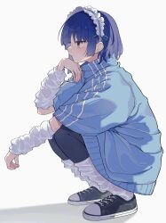 Rule 34 | 1girl, absurdres, arm on knee, arm warmers, asymmetrical sidelocks, black pantyhose, blue hair, blue jacket, blunt bangs, bocchi the rock!, closed mouth, frilled hairband, frills, from side, full body, hairband, half-closed eyes, hand up, high collar, highres, jacket, jersey maid, leg warmers, light blush, looking ahead, maid, maid headdress, mole, mole under eye, nenehotoso, oversized clothes, pantyhose, shadow, shoes, short hair, short sleeves, sidelighting, sneakers, solo, squatting, track jacket, unconventional maid, white background, yamada ryo, yellow eyes