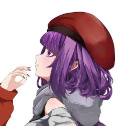 Rule 34 | 1girl, asari (asari uminosachi), bare shoulders, beret, ear piercing, enpera, grey scarf, hat, idolmaster, idolmaster shiny colors, long hair, long sleeves, looking to the side, nail polish, off shoulder, parted lips, piercing, profile, purple eyes, purple hair, red headwear, scarf, short hair, simple background, tanaka mamimi, upper body, white background