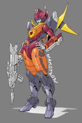 Rule 34 | 1girl, arcee, artist name, autobot, blue eyes, frown, full body, fusion, grey background, gun, hand on own hip, holding, holding gun, holding weapon, hot rod (transformers), looking down, makoto ono, mecha, red lips, robot, science fiction, shadow, solo, transformers, weapon