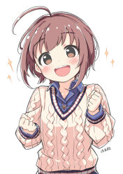 Rule 34 | 1girl, :d, ahoge, blush, brown hair, character name, clenched hands, collared shirt, dot nose, idolmaster, idolmaster cinderella girls, kuresuku (lessons), long sleeves, looking at viewer, open mouth, shirt, short hair, sidelocks, simple background, smile, solo, sparkle, straight hair, sweat, teeth, upper body, upper teeth only, wakiyama tamami, white background