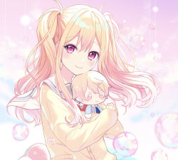 Rule 34 | 1girl, blonde hair, brother and sister, bubble, cardigan, character doll, closed mouth, cloud, doll, dot nose, eyelashes, floating hair, hair between eyes, highres, hugging object, kanjyu0919, light blush, looking at viewer, neckerchief, pastel colors, pink background, pink eyes, pink theme, project sekai, red neckerchief, sailor collar, siblings, sidelocks, simple background, sleeves past wrists, smile, solo, star (symbol), stuffed toy, tenma saki, tenma tsukasa, triangle, tsurime, twintails, wavy hair, white sailor collar, yellow cardigan