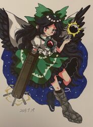 Rule 34 | 1girl, arm cannon, asymmetrical footwear, atom, bird wings, black hair, black sun, black wings, blouse, bow, buttons, cape, center frills, closed mouth, collared shirt, control rod, frilled shirt collar, frilled skirt, frills, full body, furiba 794, green bow, green skirt, hair bow, highres, long hair, looking at viewer, mismatched footwear, puffy short sleeves, puffy sleeves, red eyes, reiuji utsuho, shirt, shoes, short sleeves, single shoe, skirt, smile, solo, starry sky print, sun, third eye, third eye on chest, touhou, weapon, white background, white cape, white shirt, wings
