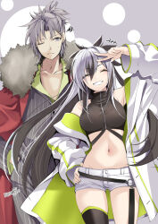 Rule 34 | 1boy, 1girl, akatsuki hijiri, annoyed, black hair, black thighhighs, breasts, closed eyes, closed mouth, crop top, fate/grand order, fate (series), frown, grey eyes, grey hair, grey pants, grey shirt, hair between eyes, hand on own hip, hands in pockets, jacket, large breasts, long hair, long sleeves, looking at viewer, medium hair, multicolored hair, nagao kagetora (fate), navel, one eye closed, pants, red jacket, shirt, shorts, smile, takeda shingen (fate), teeth, thighhighs, uesugi kenshin (fate), uesugi kenshin (second ascension) (fate), white hair, white jacket, white pants