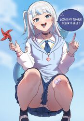 Rule 34 | 1girl, absurdres, bandaid, bandaid on knee, bandaid on leg, belt collar, black socks, blue eyes, blue hair, blue hoodie, blue nails, blue necktie, blue skirt, blue sky, blunt bangs, blush, candy, cloud, collar, collared shirt, commentary, day, english text, fingernails, fins, fish tail, food, gawr gura, gawr gura (school uniform), hair ornament, heart o-ring, highres, holding, hololive, hololive english, hood, hoodie, index finger raised, jamesloves art, long sleeves, looking at viewer, multicolored hair, nail polish, necktie, official alternate costume, one side up, open mouth, outdoors, panties, pantyshot, pinwheel, pleated skirt, pointing, school uniform, shark girl, shark hair ornament, shark tail, sharp teeth, shirt, shoes, skirt, sky, socks, solo, speech bubble, squatting, streaked hair, symbol-only commentary, tail, tail raised, teeth, tongue, tongue out, underwear, upper teeth only, uwabaki, virtual youtuber, white hair, white panties, white shirt