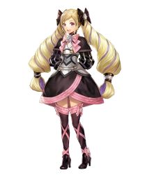 Rule 34 | 1girl, arms behind back, black footwear, black thighhighs, blonde hair, boots, dress, earrings, elise (fire emblem), fire emblem, fire emblem fates, fire emblem heroes, full body, hair ribbon, hakou (barasensou), highres, jewelry, long hair, nintendo, official art, open mouth, purple eyes, ribbon, smile, solo, thigh boots, thighhighs, transparent background, twintails, zettai ryouiki