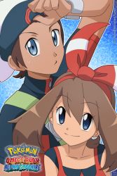 Rule 34 | 1boy, 1girl, beanie, bow hairband, bracelet, brendan (pokemon), brown hair, closed mouth, collarbone, commentary, copyright name, creatures (company), english commentary, eyelashes, game freak, grey eyes, hair between eyes, hairband, hat, highres, jacket, jewelry, looking at viewer, may (pokemon), nintendo, noelia ponce, pokemon, pokemon oras, red hairband, red shirt, shirt, sleeveless, sleeveless shirt, smile, sweatdrop, upper body, white headwear, zipper pull tab