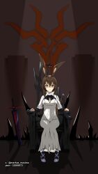 Rule 34 | 1girl, absurdres, amiya (arknights), animal ear fluff, animal ears, arknights, blue eyes, brown hair, cleavage cutout, clothing cutout, dress, highres, infection monitor (arknights), looking at viewer, markaz maxima, pixiv id, planted, planted sword, planted weapon, rabbit ears, rabbit girl, sitting, solo focus, sword, throne, twitter username, weapon, white dress