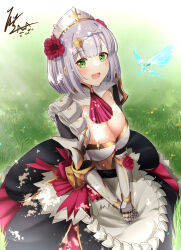 Rule 34 | 1girl, :d, absurdres, apron, ascot, blunt bangs, breasts, cleavage, crystalfly (genshin impact), flower, gauntlets, genshin impact, grass, grey hair, hair flower, hair ornament, highres, hiziriamane, large breasts, looking at viewer, maid apron, maid headdress, noelle (genshin impact), on grass, open mouth, rose, short hair, smile, solo