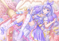Rule 34 | 1girl, :o, artist name, bin murasaki, blackberry (fruit), blueberry, blush, bow, breasts, candy, cleavage, dress, drill hair, food, frilled dress, frilled underwear, frills, fruit, full body, hair bow, highres, ice cream, lolita fashion, looking at viewer, lying, nail polish, on back, original, purple bow, purple dress, purple eyes, purple hair, purple nails, raspberry, solo, spoon, strawberry, sweets, thighhighs, white thighhighs