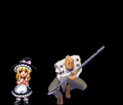 Rule 34 | 1boy, 1girl, animated, animated gif, arc system works, bag, bag on head, bag over head, blonde hair, comparison, crossover, dancing, faust (guilty gear), full body, guilty gear, hat, heart, kirisame marisa, lowres, m.u.g.e.n, paper bag, pixel art, touhou, transparent background, witch hat