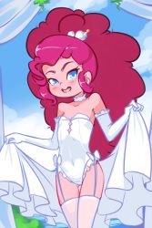 Rule 34 | 1girl, big hair, blue eyes, blush, bow, bridal lingerie, bride, choker, clothes lift, cloud, collarbone, colored skin, curtains, drantyno, flat chest, garter straps, gloves, hasbro, highres, leotard, lingerie, long hair, looking at viewer, my little pony, my little pony: equestria girls, my little pony: friendship is magic, open clothes, open mouth, open skirt, pink hair, pink skin, pinkie pie, showgirl skirt, skirt, skirt lift, sky, smile, standing, teeth, thighhighs, underwear, white gloves, white leotard, white thighhighs