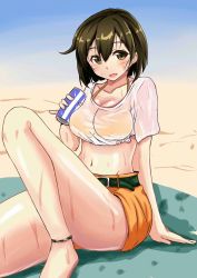 Rule 34 | 10s, 1girl, alternate costume, anklet, arm support, barefoot, beach, belt, bikini, bikini top only, blush, breasts, brown eyes, brown hair, chan (akuty ikkot), cleavage, collarbone, hair between eyes, halterneck, highres, hiryuu (kancolle), jewelry, kantai collection, large breasts, looking at viewer, navel, open mouth, orange bikini, orange pants, pants, see-through, shirt, short hair, short sleeves, shorts, sitting, solo, swimsuit, thighs, tied shirt, wet, wet clothes, white shirt